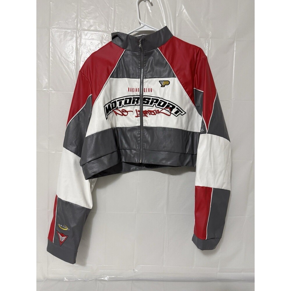 PrettyLittleThing Plus Motorsport PU Cropped Biker Jacket Gray Red NWT US 18